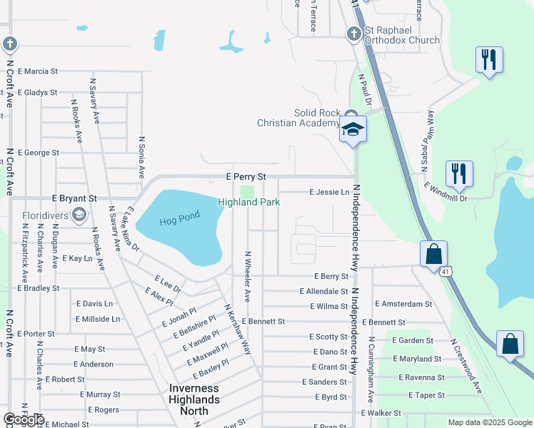map of restaurants, bars, coffee shops, grocery stores, and more near 649 North Corbin Avenue in Inverness