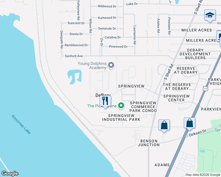 map of restaurants, bars, coffee shops, grocery stores, and more near 392 Spruce Pine Drive in DeBary