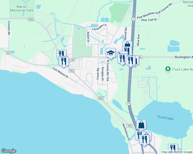 map of restaurants, bars, coffee shops, grocery stores, and more near 130 Douglas Drive in Eustis