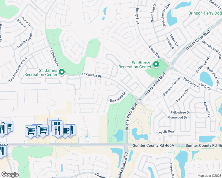 map of restaurants, bars, coffee shops, grocery stores, and more near 1870 Sassparilla Way in The Villages