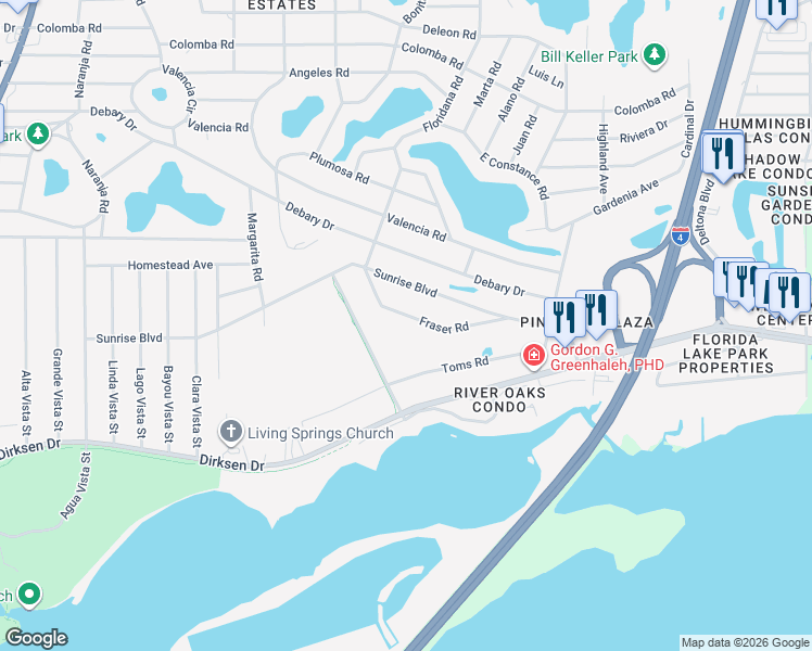 map of restaurants, bars, coffee shops, grocery stores, and more near 235 Fraser Road in DeBary