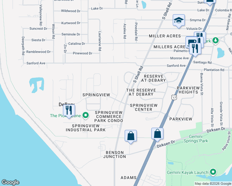 map of restaurants, bars, coffee shops, grocery stores, and more near 346 Hickory Springs Court in DeBary