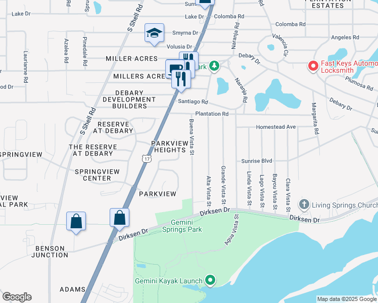 map of restaurants, bars, coffee shops, grocery stores, and more near 216 Buena Vista Street in DeBary