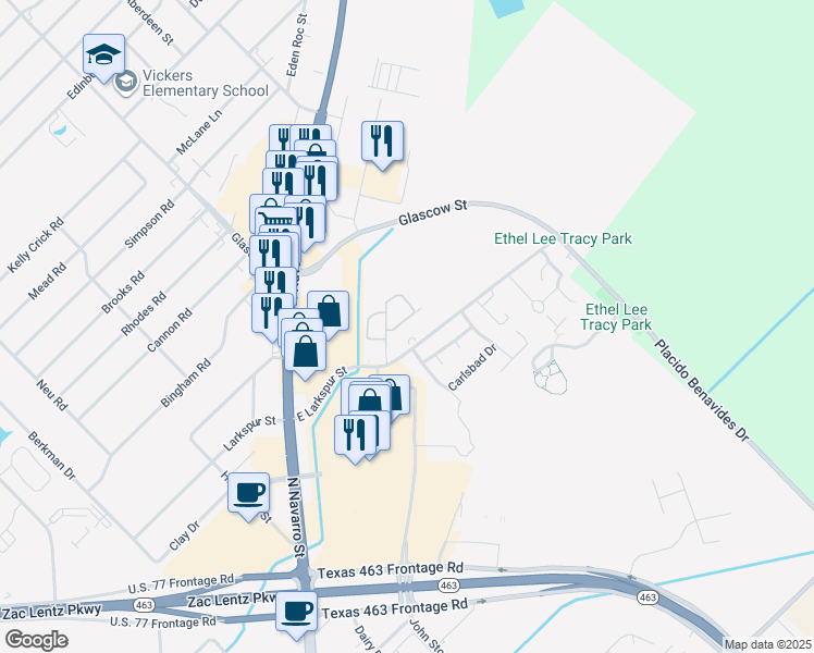 map of restaurants, bars, coffee shops, grocery stores, and more near 321 Costa Del Oro Street in Victoria