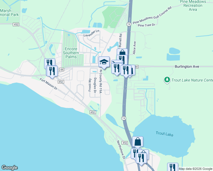 map of restaurants, bars, coffee shops, grocery stores, and more near 26300 County Road 19A in Eustis