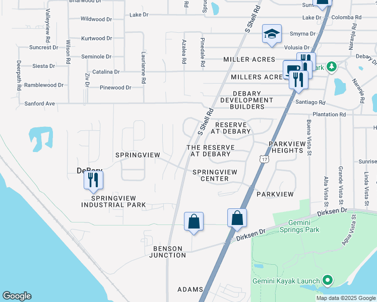 map of restaurants, bars, coffee shops, grocery stores, and more near 345 Oak Springs Drive in DeBary