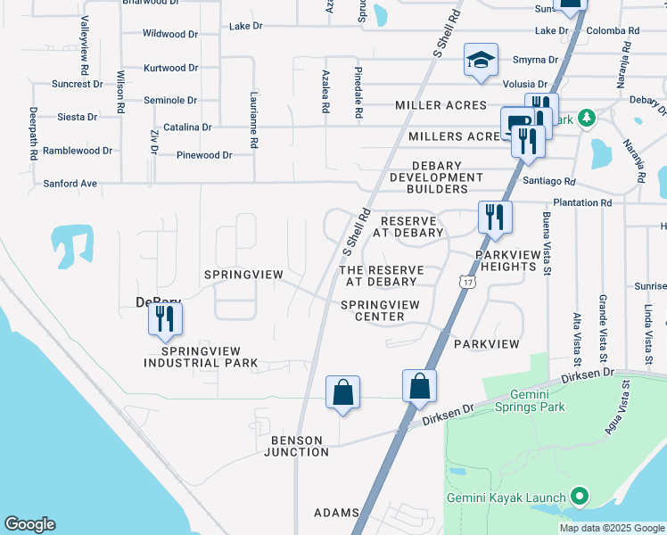 map of restaurants, bars, coffee shops, grocery stores, and more near 345 Oak Springs Drive in DeBary