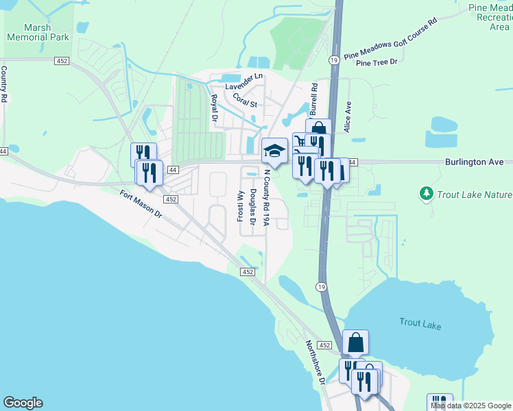 map of restaurants, bars, coffee shops, grocery stores, and more near 300 Douglas Drive in Eustis