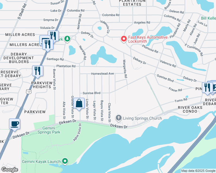 map of restaurants, bars, coffee shops, grocery stores, and more near 217 Bayou Vista Street in DeBary