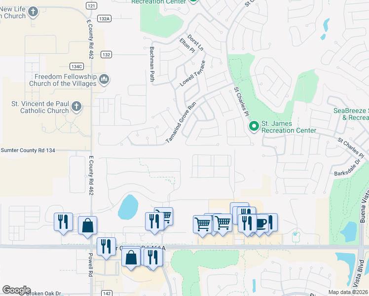 map of restaurants, bars, coffee shops, grocery stores, and more near 2444 Ansley Path in The Villages