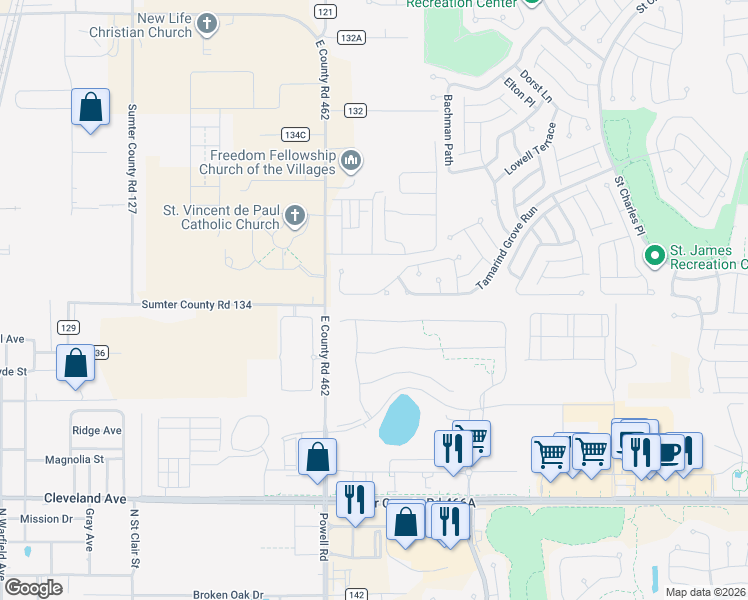 map of restaurants, bars, coffee shops, grocery stores, and more near 2570 Dividing Creek Path in The Villages