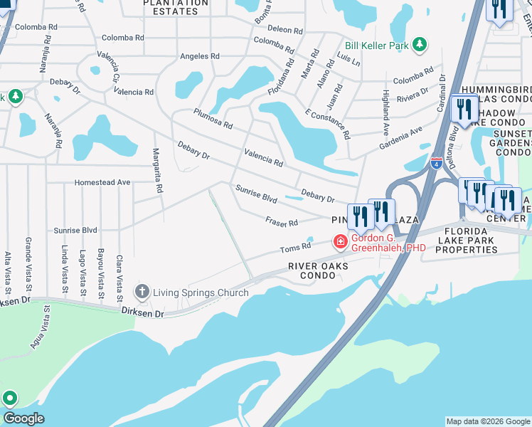 map of restaurants, bars, coffee shops, grocery stores, and more near 245 Sunrise Boulevard in DeBary