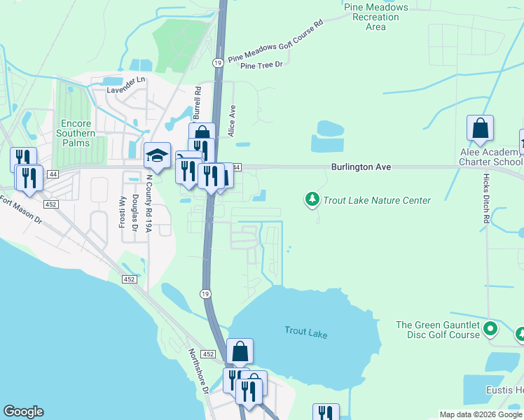 map of restaurants, bars, coffee shops, grocery stores, and more near 228 Palm Meadows Drive in Eustis