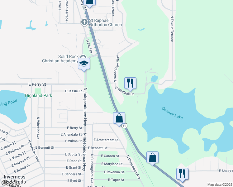 map of restaurants, bars, coffee shops, grocery stores, and more near 4550 East Windmill Drive in Inverness
