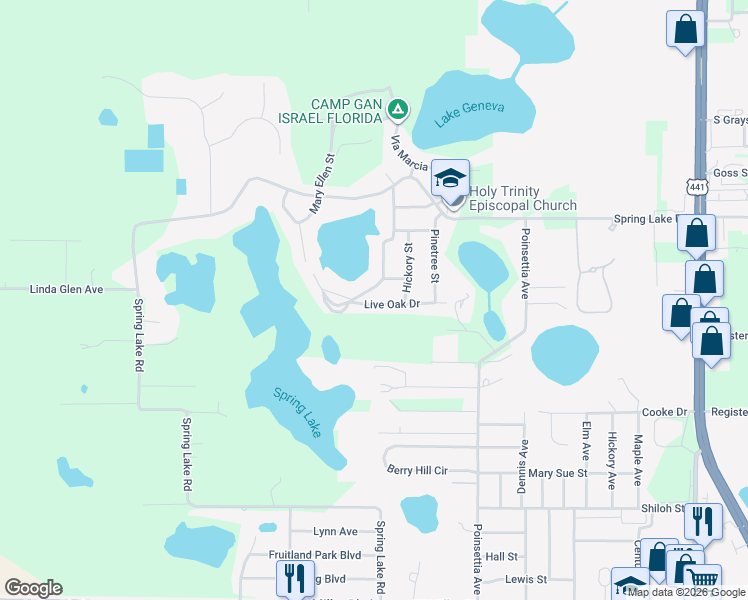 map of restaurants, bars, coffee shops, grocery stores, and more near 1945 Live Oak Drive in Fruitland Park