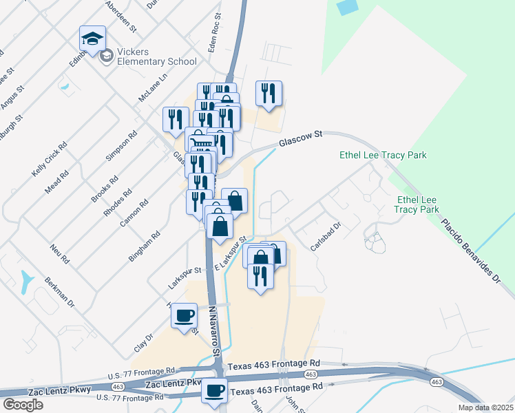 map of restaurants, bars, coffee shops, grocery stores, and more near 316 Costa Del Oro Street in Victoria