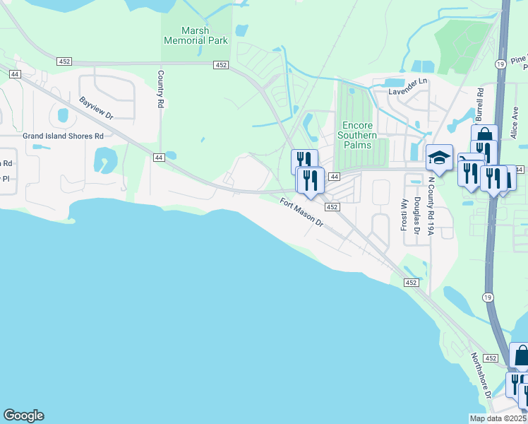map of restaurants, bars, coffee shops, grocery stores, and more near 1015 Fort Mason Drive in Eustis