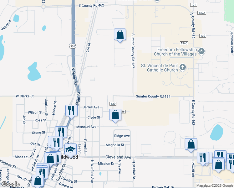 map of restaurants, bars, coffee shops, grocery stores, and more near 4362 County Road 134 in Wildwood