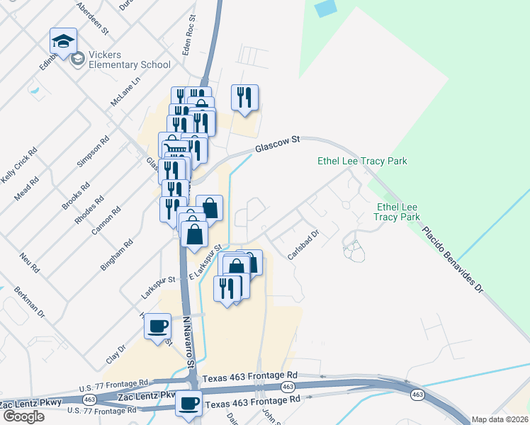 map of restaurants, bars, coffee shops, grocery stores, and more near 321 Costa Del Oro Street in Victoria