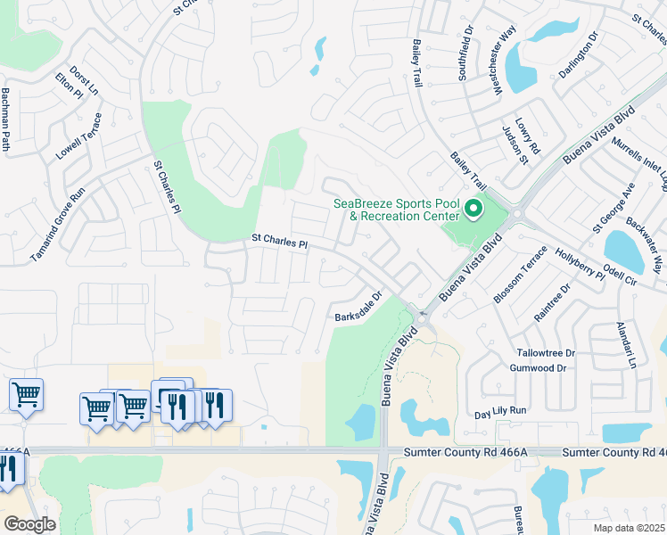 map of restaurants, bars, coffee shops, grocery stores, and more near 1875 Oakcrest Path in The Villages
