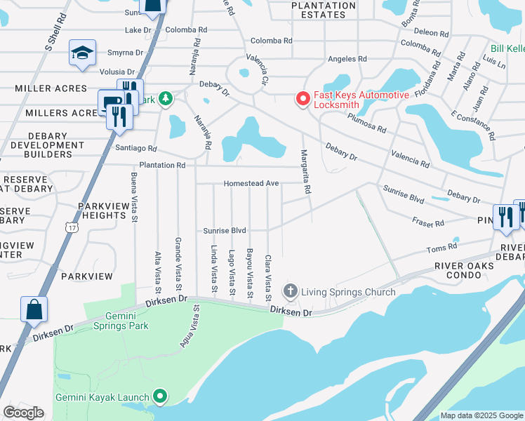 map of restaurants, bars, coffee shops, grocery stores, and more near 217 Bayou Vista Street in DeBary