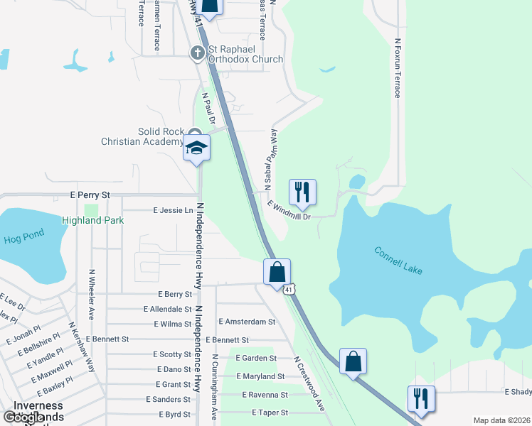 map of restaurants, bars, coffee shops, grocery stores, and more near 723 North Vermeer Way in Inverness