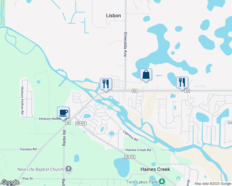 map of restaurants, bars, coffee shops, grocery stores, and more near 10402 County Road 44 in Leesburg
