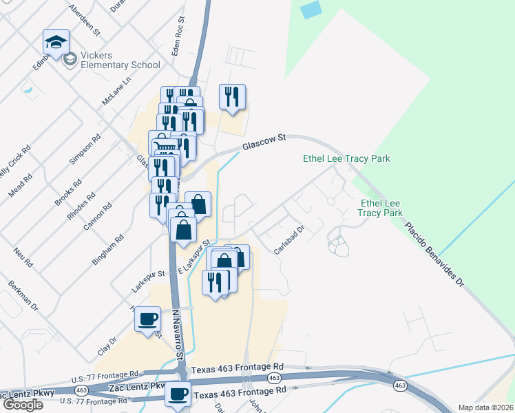 map of restaurants, bars, coffee shops, grocery stores, and more near 321 Costa Del Oro Street in Victoria