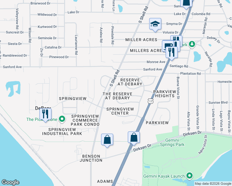 map of restaurants, bars, coffee shops, grocery stores, and more near 82 Wentwood Drive in DeBary