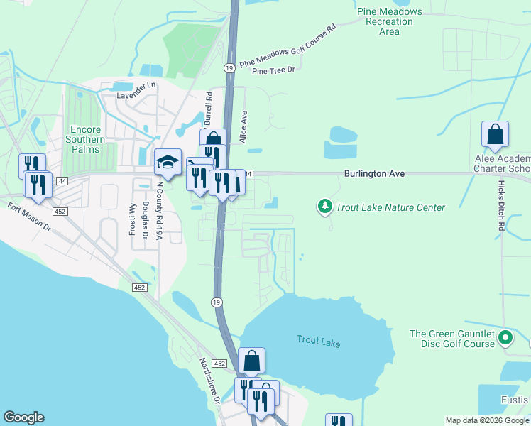 map of restaurants, bars, coffee shops, grocery stores, and more near 228 Palm Meadows Drive in Eustis