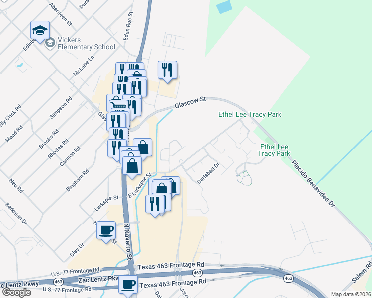 map of restaurants, bars, coffee shops, grocery stores, and more near 321 Costa Del Oro Street in Victoria