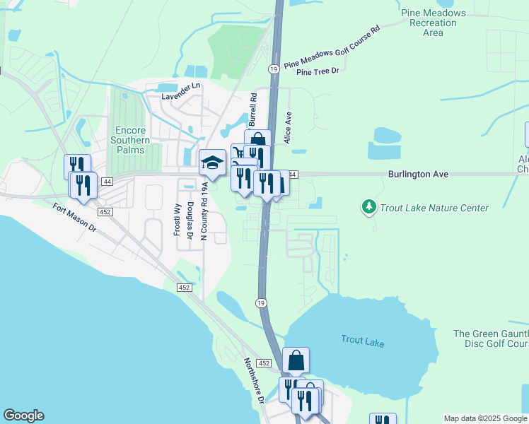 map of restaurants, bars, coffee shops, grocery stores, and more near 1799 Florida 19 in Eustis