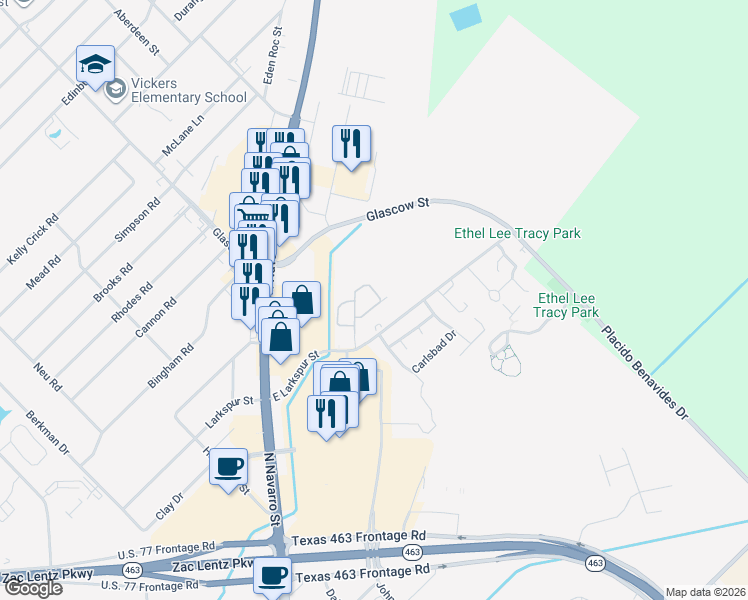 map of restaurants, bars, coffee shops, grocery stores, and more near 321 Costa Del Oro Street in Victoria