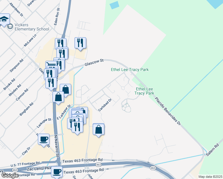 map of restaurants, bars, coffee shops, grocery stores, and more near 411 East Larkspur Street in Victoria