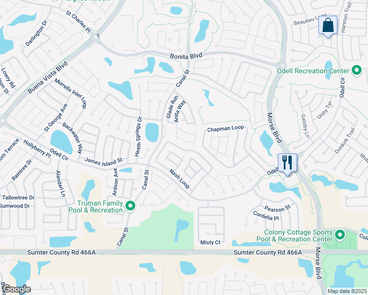 map of restaurants, bars, coffee shops, grocery stores, and more near 1001 Nash Loop in The Villages