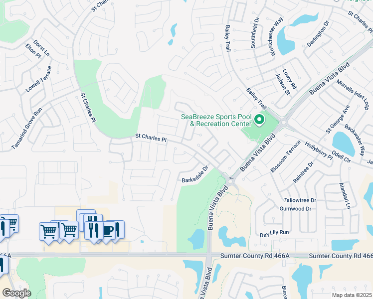 map of restaurants, bars, coffee shops, grocery stores, and more near 1875 Oakcrest Path in The Villages