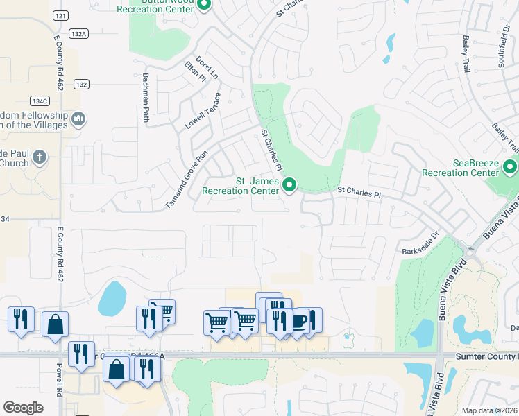 map of restaurants, bars, coffee shops, grocery stores, and more near 2192 Quinn Lane in The Villages