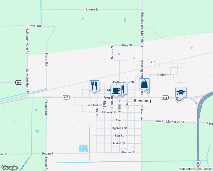 map of restaurants, bars, coffee shops, grocery stores, and more near 108 8th Street in Blessing