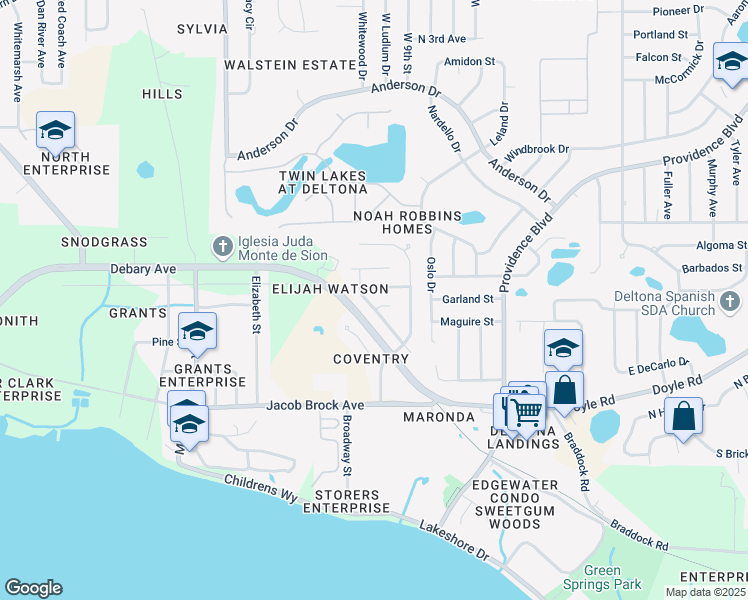 map of restaurants, bars, coffee shops, grocery stores, and more near 334 Covent Gardens Place in Deltona
