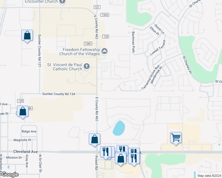 map of restaurants, bars, coffee shops, grocery stores, and more near 2567 Dividing Creek Path in The Villages