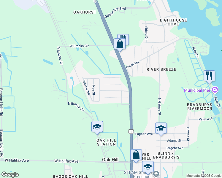 map of restaurants, bars, coffee shops, grocery stores, and more near 140 Center Street in Oak Hill