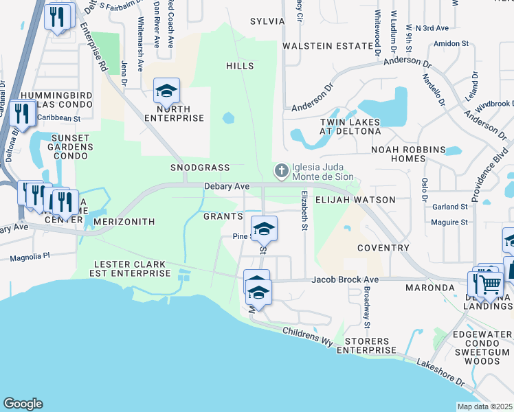 map of restaurants, bars, coffee shops, grocery stores, and more near 420 Main Street in Deltona