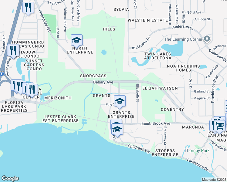 map of restaurants, bars, coffee shops, grocery stores, and more near 381 Clark Street in Deltona