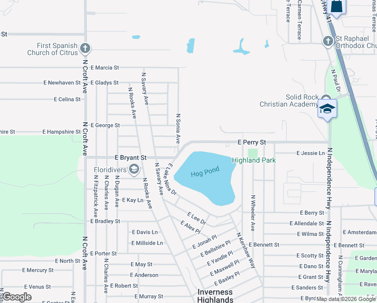 map of restaurants, bars, coffee shops, grocery stores, and more near 3426 East Perry Street in Inverness