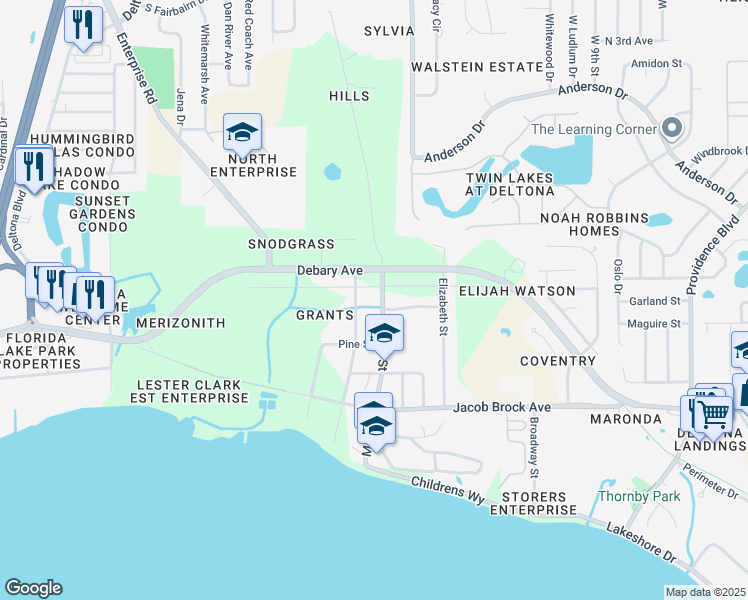 map of restaurants, bars, coffee shops, grocery stores, and more near 420 Main Street in Deltona