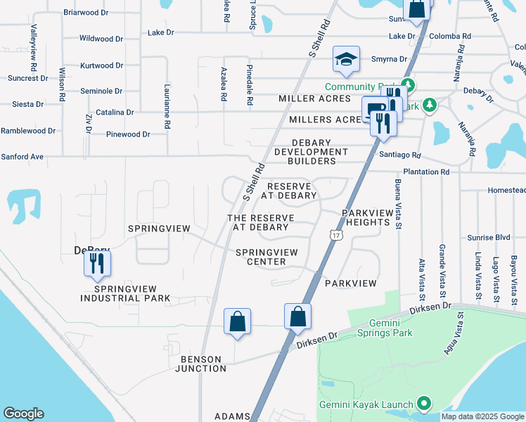 map of restaurants, bars, coffee shops, grocery stores, and more near 304 Bowling Green Court in DeBary