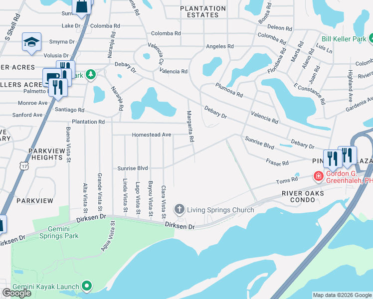 map of restaurants, bars, coffee shops, grocery stores, and more near 147 Rose Ln in De Bary
