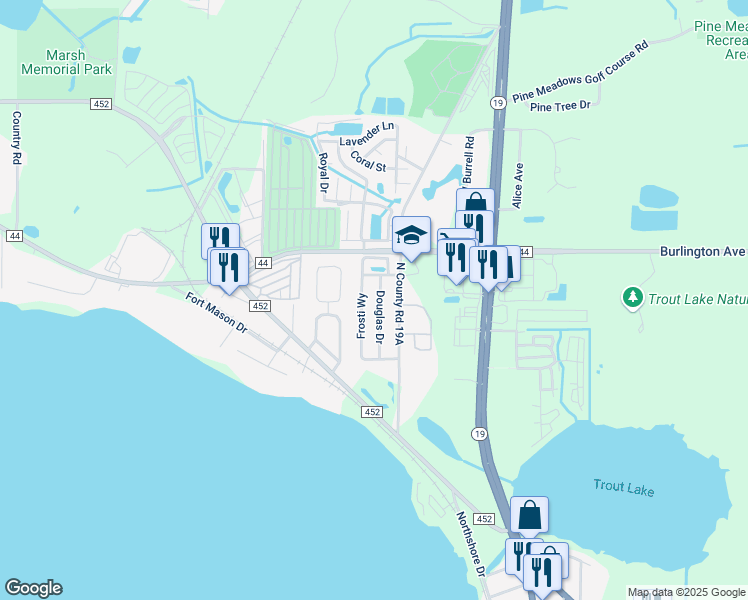 map of restaurants, bars, coffee shops, grocery stores, and more near 300 Douglas Drive in Eustis