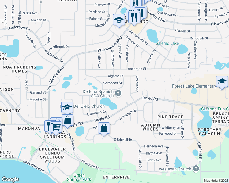 map of restaurants, bars, coffee shops, grocery stores, and more near 1135 Outlook Drive in Deltona