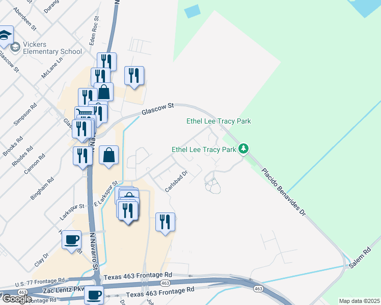map of restaurants, bars, coffee shops, grocery stores, and more near 411 East Larkspur Street in Victoria